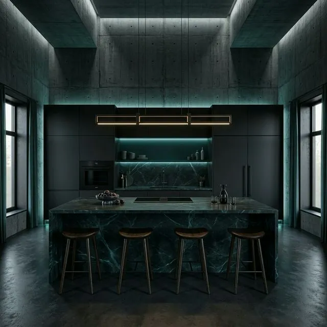 Exklusive dunkle Architektur-Küche mit Premium-Materialien Exklusive dunkle Architektur-Küche mit Premium-Materialien