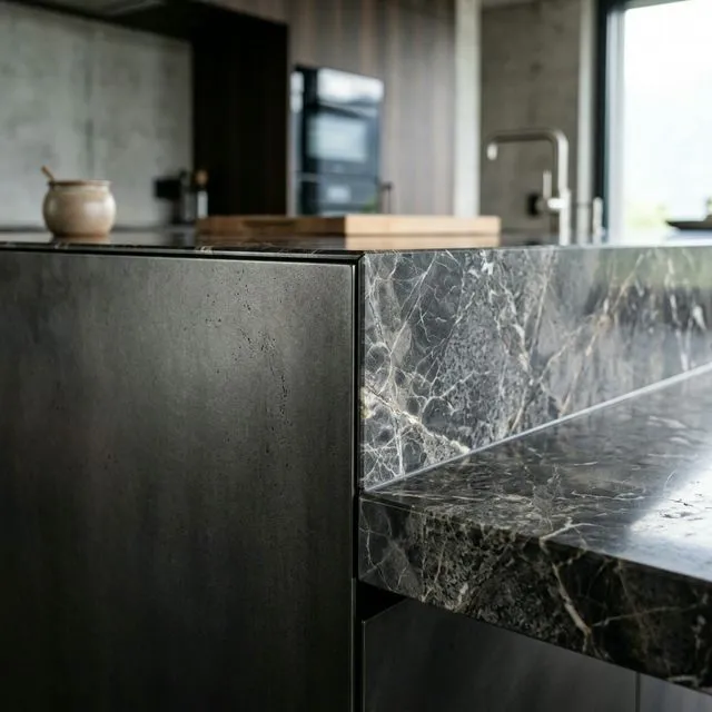 Detailansicht einer handgefertigten Einbauküche mit nahtlosen Fugen Detailansicht einer handgefertigten Einbauküche mit nahtlosen Fugen