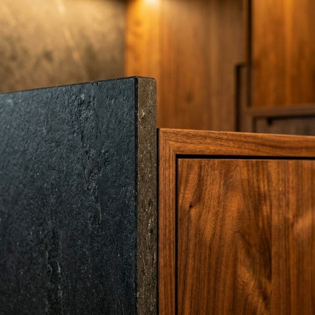 Detailansicht einer handgefertigten Einbauküche mit nahtlosen Fugen Detailansicht einer handgefertigten Einbauküche mit nahtlosen Fugen