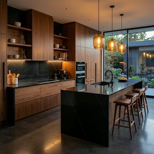 Exklusive dunkle Architektur-Küche mit Premium-Materialien Exklusive dunkle Architektur-Küche mit Premium-Materialien