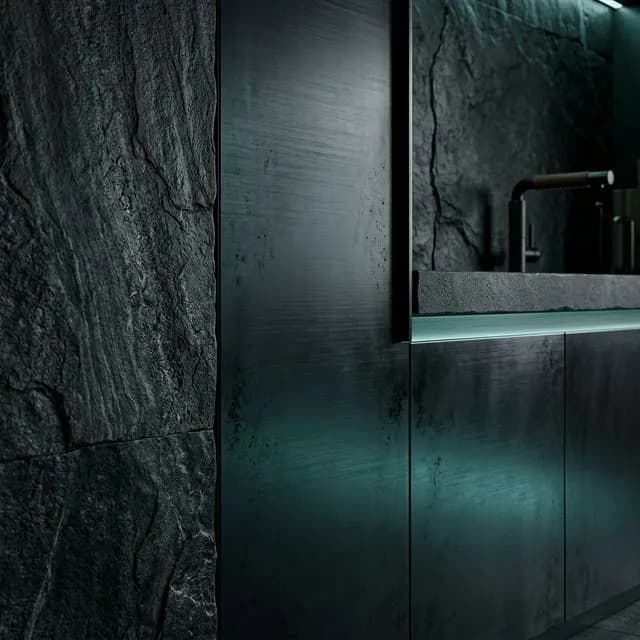 Edle dunkle Küchenmaterialien und Oberflächenstruktur für High-End Küchendesign Edle dunkle Küchenmaterialien und Oberflächenstruktur für High-End Küchendesign